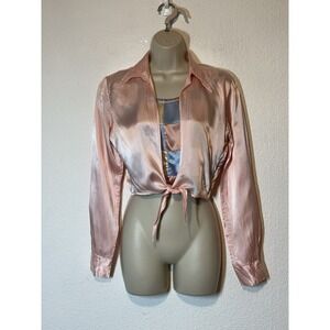 Vintage 70s/80s Pink Shiny Satin Long Sleeve Crop Tie Front Patchwork Shirt Boho